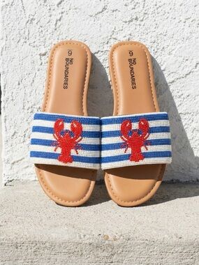 No Boundaries Tan Slides with Blue-White Striped Bead Strap and Red Lobster